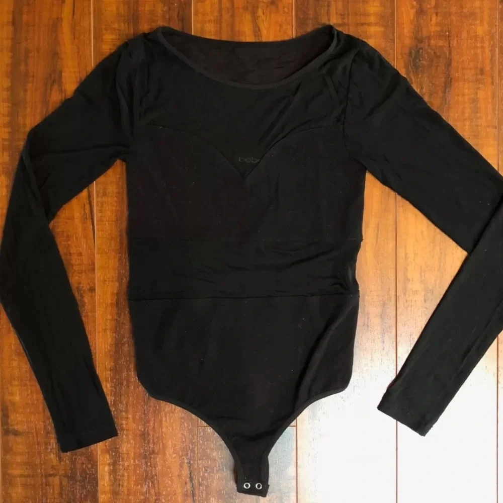 Vintage 90s bebe sz P/P P/S Petite Black Sexy Sheer See Through Bodysuit Unitard - Picture 2 of 4